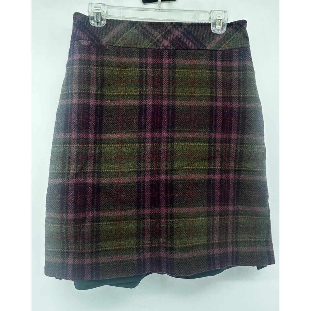 LL Bean Womens Wool Blend Plaid Pencil Skirt Green Burgundy Size 12 Reg 90s